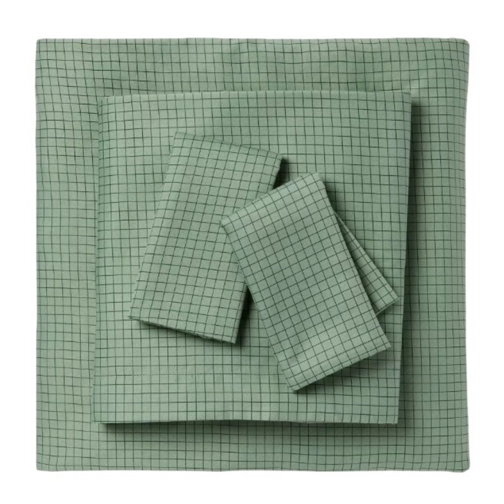 Queen Cotton Blend Sateen Sheet Set Sage Green Micro Grid Bedding 4 Piece